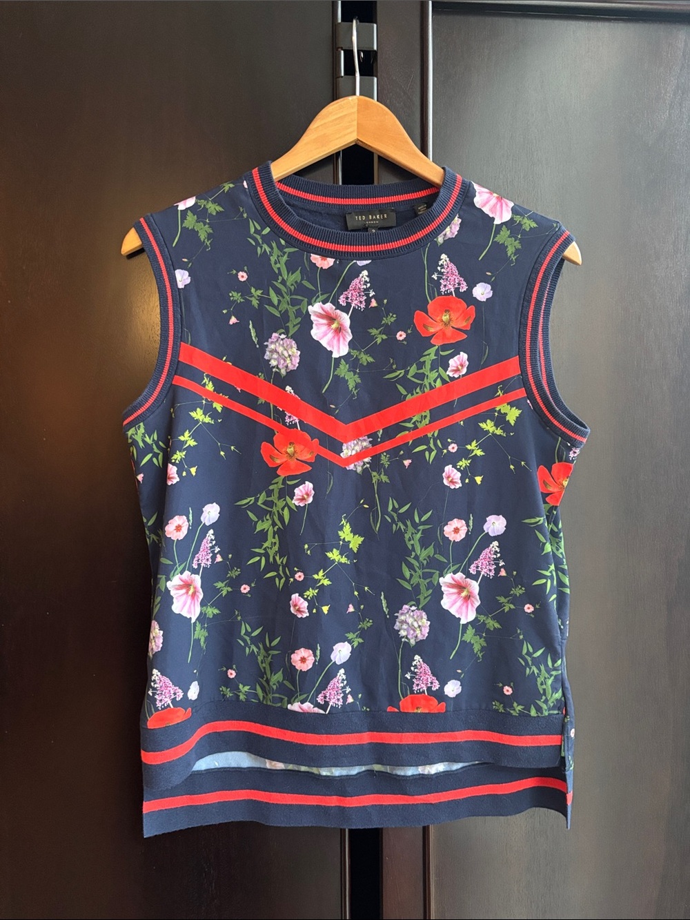 Size 2 Ted Baker Navy Floral Sleeveless Top with Red Trim